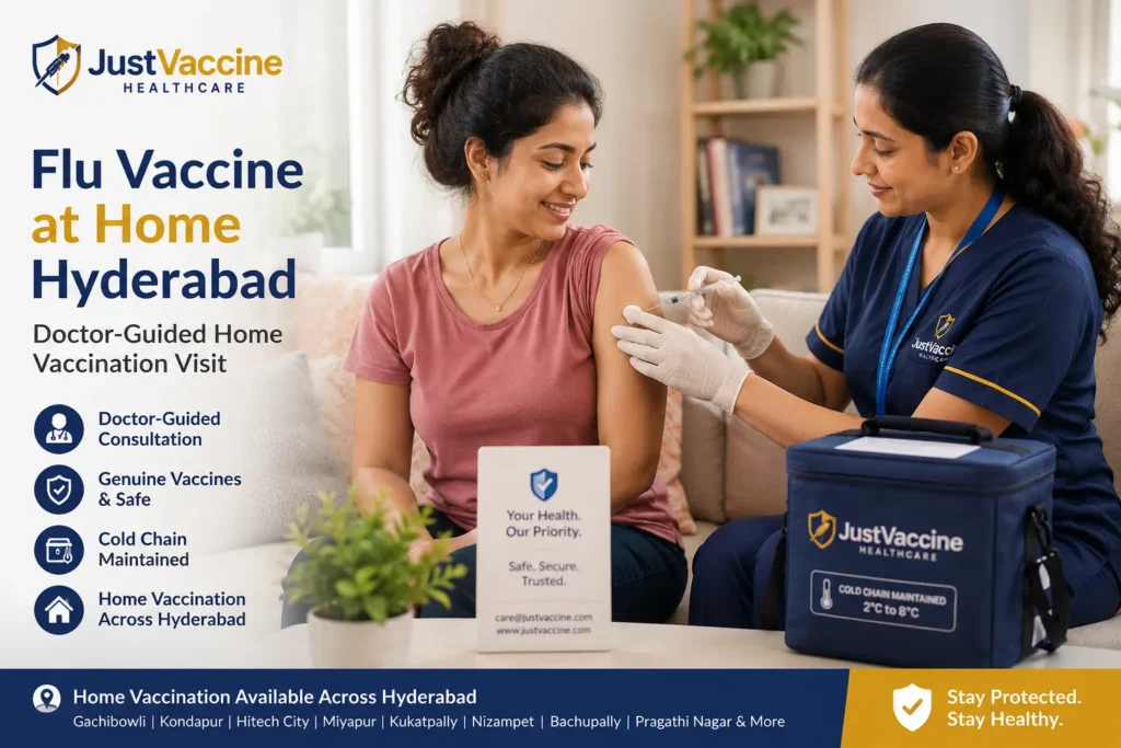 Woman receiving a flu vaccine at home from a JustVaccine healthcare professional in Hyderabad