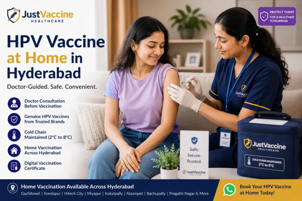 Young woman receiving an HPV vaccine at home from a JustVaccine healthcare professional in Hyderabad