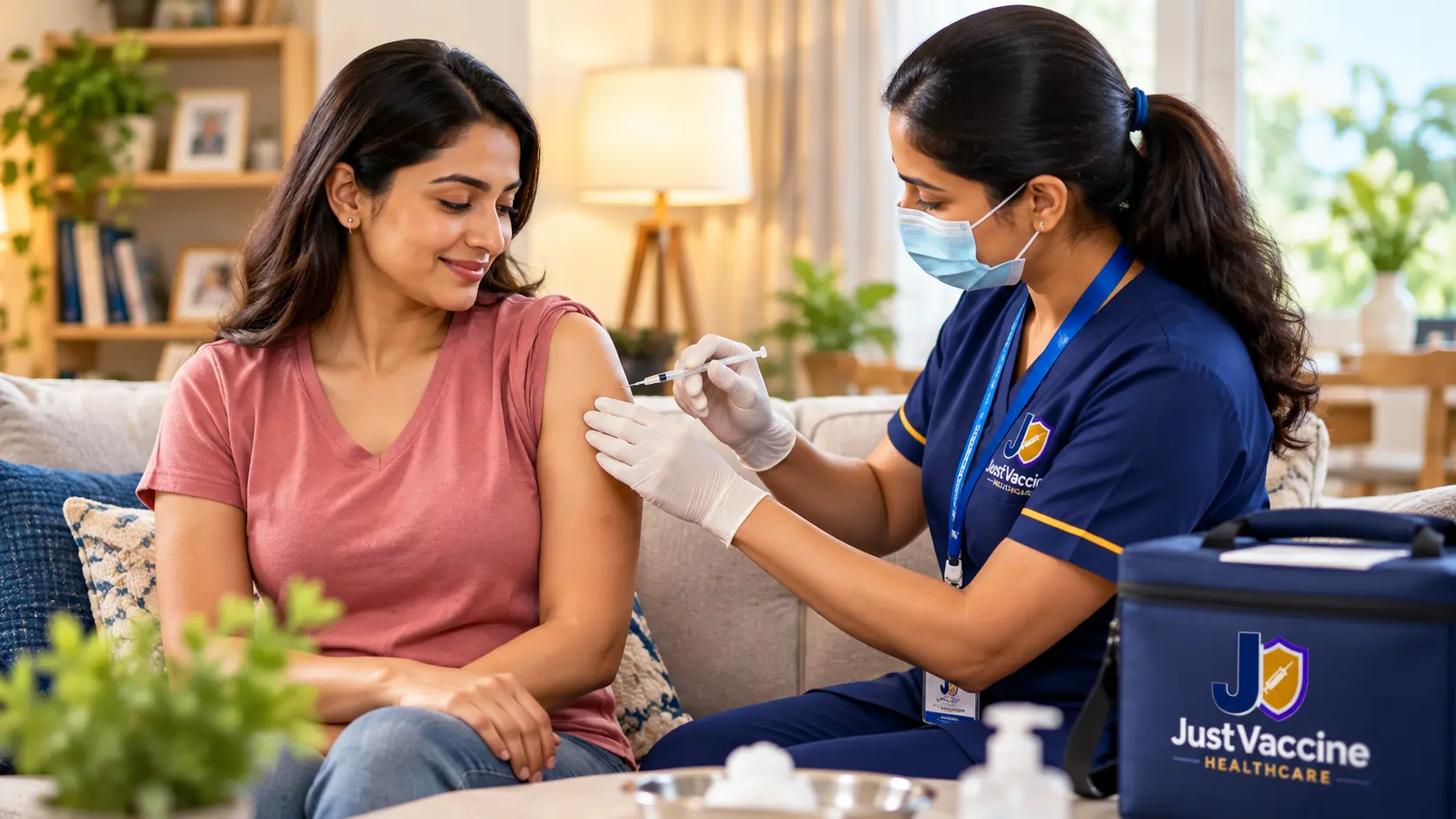 Home vaccination in Kokapet — JustVaccine nurse giving a vaccine at home