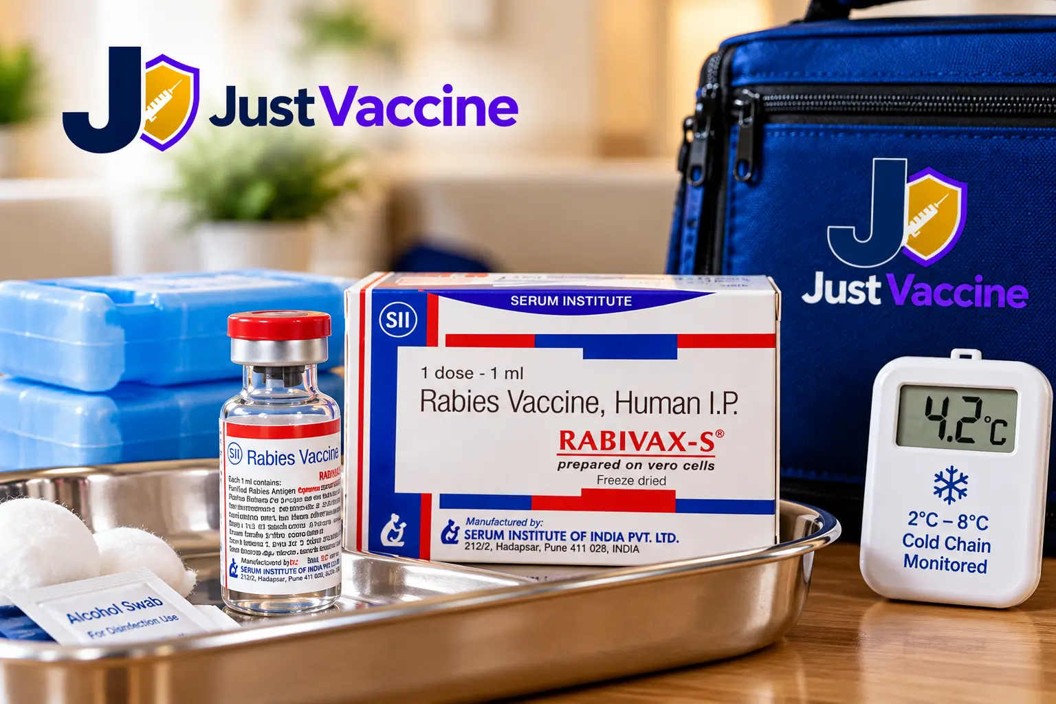 Genuine rabies vaccine vial in a cold-chain box — JustVaccine Hyderabad